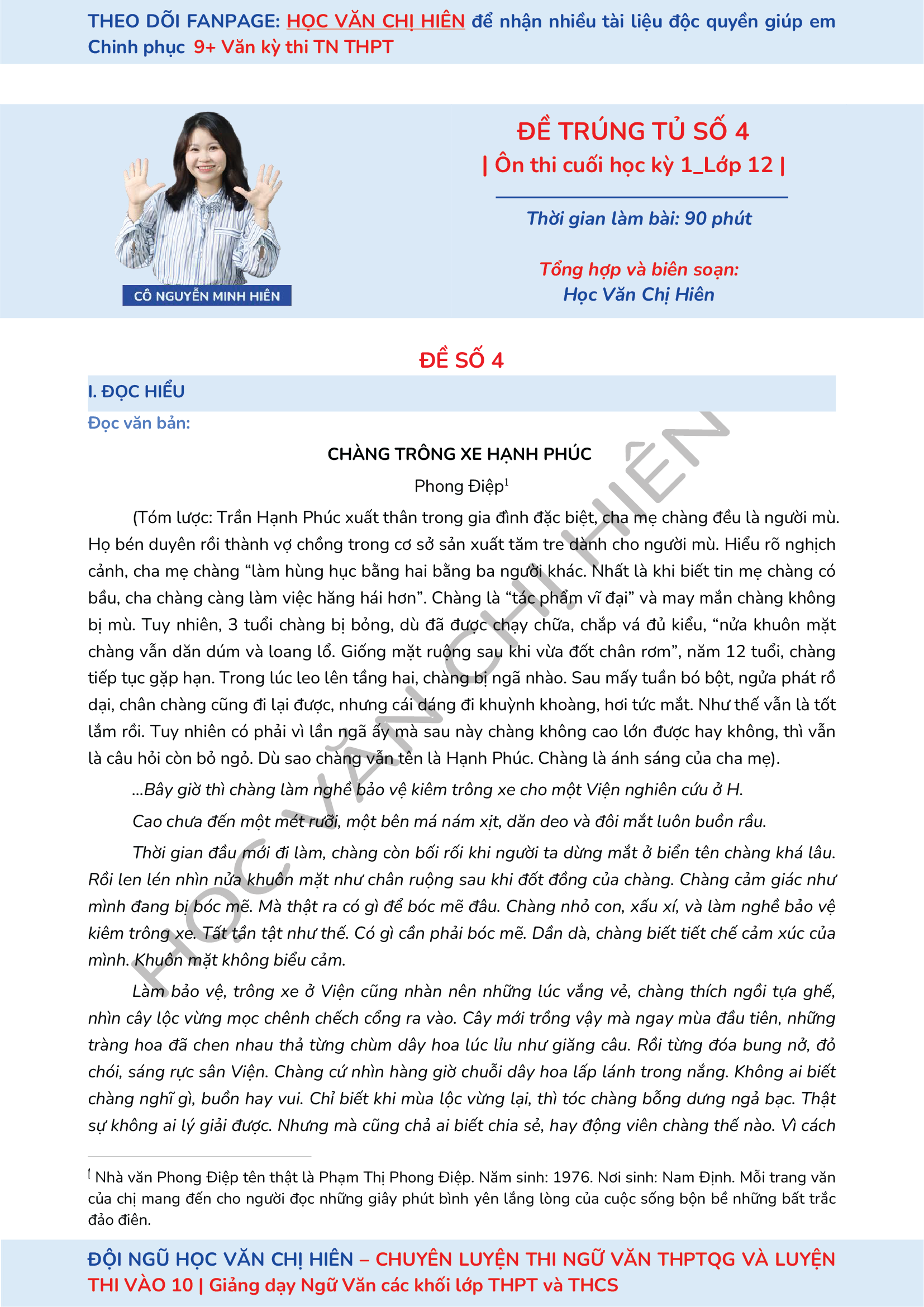 ĐỀ TRÚNG TỦ SỐ 4 + ĐÁP ÁN | ÔN THI CUỐI HỌC KÌ 1 LỚP 12 MÔN NGỮ VĂN